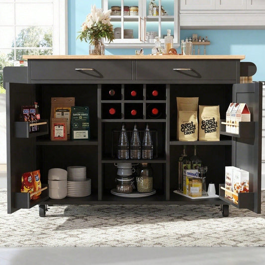 Moderne Kücheninsel(102×45×92cm), Küchenschrank,  buffetschrank, Speisewagen mit Holzmaserung, buffetschrank, Multifunktionale Esstisch mit Speicherraum, Schwarz