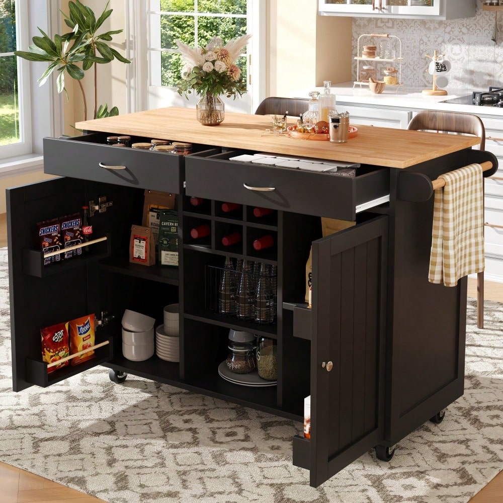 Moderne Kücheninsel(102×45×92cm), Küchenschrank,  buffetschrank, Speisewagen mit Holzmaserung, buffetschrank, Multifunktionale Esstisch mit Speicherraum, Schwarz