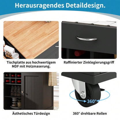Moderne Kücheninsel(102×45×92cm), Küchenschrank,  buffetschrank, Speisewagen mit Holzmaserung, buffetschrank, Multifunktionale Esstisch mit Speicherraum, Schwarz
