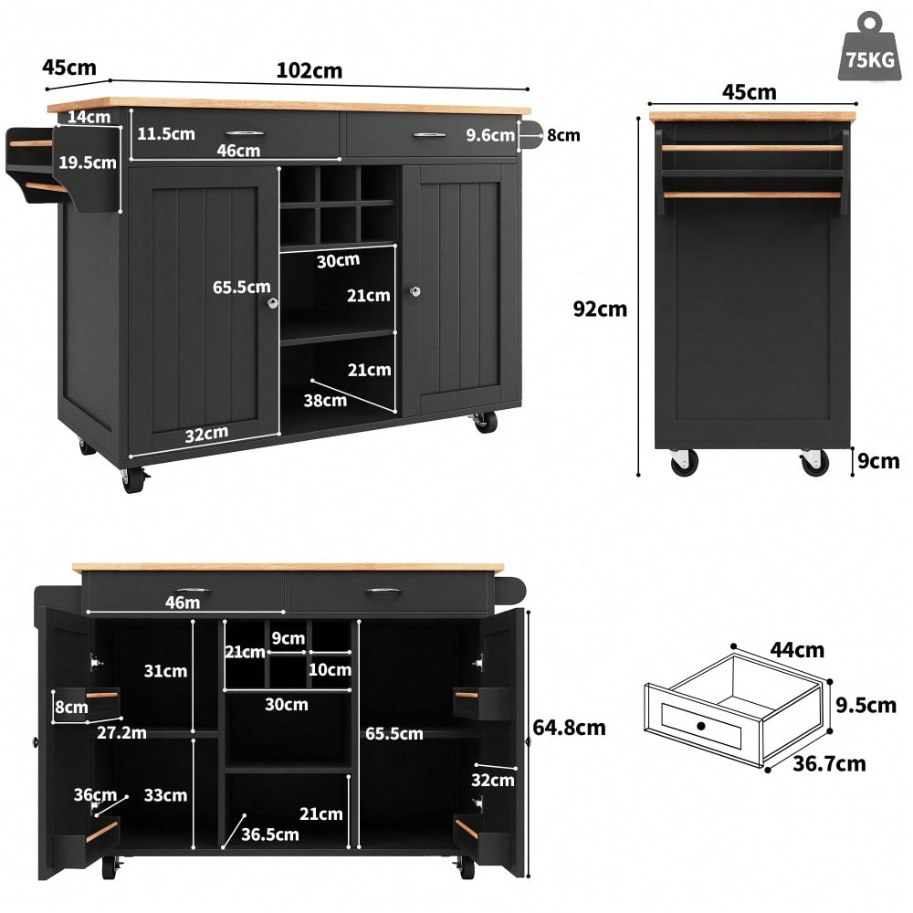 Moderne Kücheninsel(102×45×92cm), Küchenschrank,  buffetschrank, Speisewagen mit Holzmaserung, buffetschrank, Multifunktionale Esstisch mit Speicherraum, Schwarz