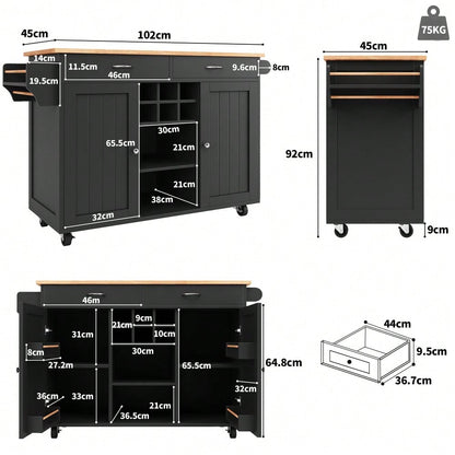 Moderne Kücheninsel(102×45×92cm), Küchenschrank,  buffetschrank, Speisewagen mit Holzmaserung, buffetschrank, Multifunktionale Esstisch mit Speicherraum, Schwarz