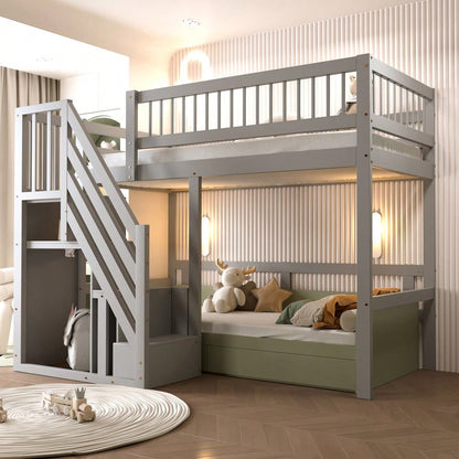 Massivholzbett 90*200, Treppe mit Aufbewahrungsschrank, Kinderbett, Jugendbett, Einzelbett, Massivholzrahmen, hohe Ausführung, grau