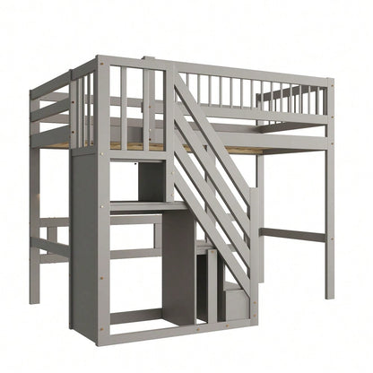 Massivholzbett 90*200, Treppe mit Aufbewahrungsschrank, Kinderbett, Jugendbett, Einzelbett, Massivholzrahmen, hohe Ausführung, grau