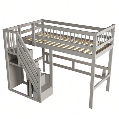 Massivholzbett 90*200, Treppe mit Aufbewahrungsschrank, Kinderbett, Jugendbett, Einzelbett, Massivholzrahmen, hohe Ausführung, grau