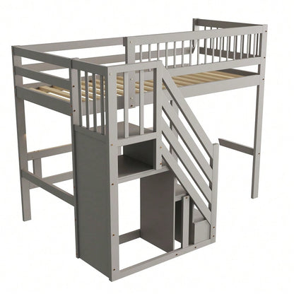 Massivholzbett 90*200, Treppe mit Aufbewahrungsschrank, Kinderbett, Jugendbett, Einzelbett, Massivholzrahmen, hohe Ausführung, grau