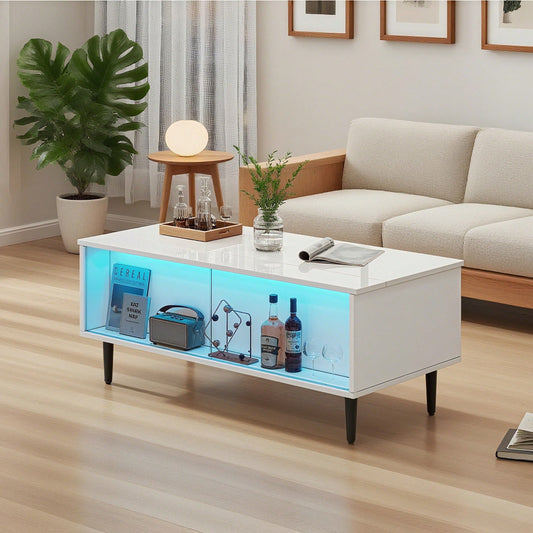 105 x 50 x 43 cm couchtisch Höhenverstellbarer Kaffeetisch mit Verstecktem Stauraum, wohnzimmertisch Mit LED-Licht,Sofatisch mit Stauraum und Ausstellungsfläche aus gehärtetem Glas, Weiß Mit 4 Beinen