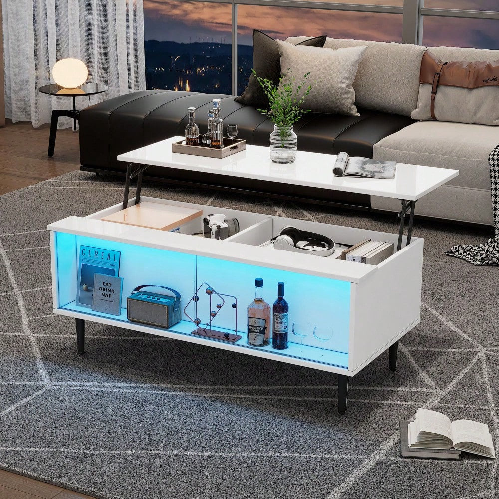 105 x 50 x 43 cm couchtisch Höhenverstellbarer Kaffeetisch mit Verstecktem Stauraum, wohnzimmertisch Mit LED-Licht,Sofatisch mit Stauraum und Ausstellungsfläche aus gehärtetem Glas, Weiß Mit 4 Beinen