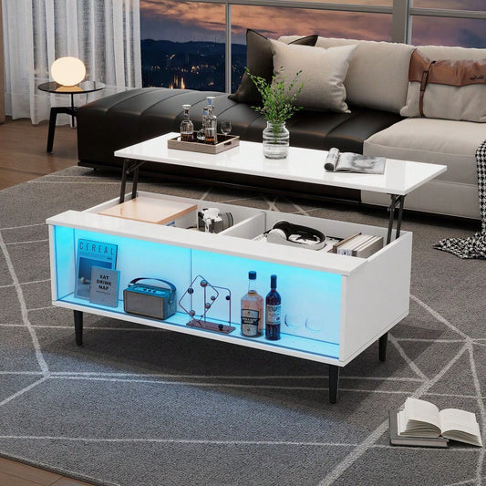 105 x 50 x 43 cm couchtisch Höhenverstellbarer Kaffeetisch mit Verstecktem Stauraum, wohnzimmertisch Mit LED-Licht,Sofatisch mit Stauraum und Ausstellungsfläche aus gehärtetem Glas, Weiß Mit 4 Beinen