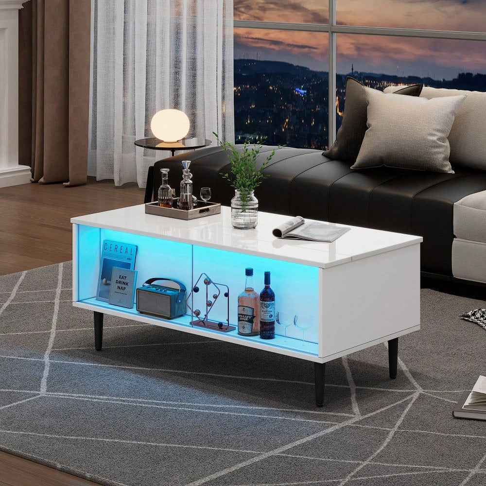 105 x 50 x 43 cm couchtisch Höhenverstellbarer Kaffeetisch mit Verstecktem Stauraum, wohnzimmertisch Mit LED-Licht,Sofatisch mit Stauraum und Ausstellungsfläche aus gehärtetem Glas, Weiß Mit 4 Beinen