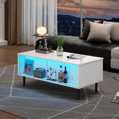 105 x 50 x 43 cm couchtisch Höhenverstellbarer Kaffeetisch mit Verstecktem Stauraum, wohnzimmertisch Mit LED-Licht,Sofatisch mit Stauraum und Ausstellungsfläche aus gehärtetem Glas, Weiß Mit 4 Beinen