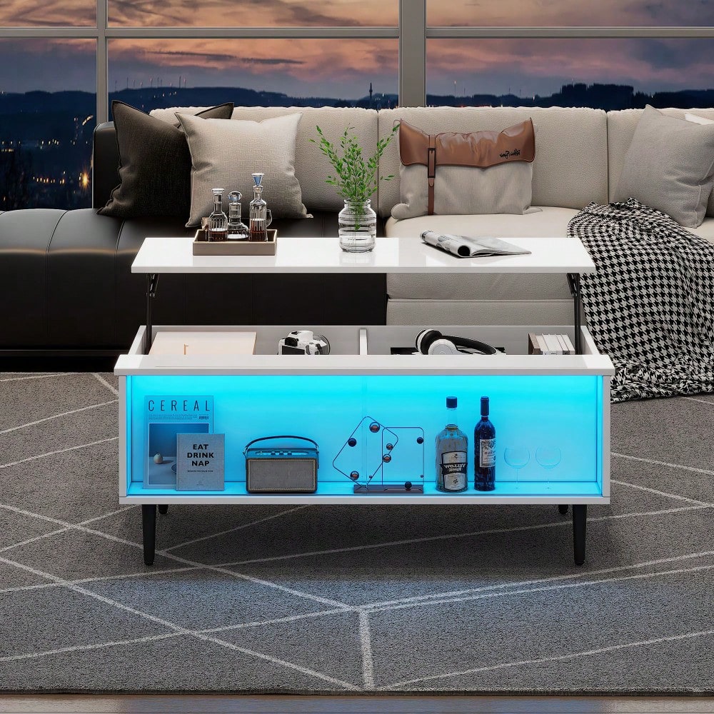 105 x 50 x 43 cm couchtisch Höhenverstellbarer Kaffeetisch mit Verstecktem Stauraum, wohnzimmertisch Mit LED-Licht,Sofatisch mit Stauraum und Ausstellungsfläche aus gehärtetem Glas, Weiß Mit 4 Beinen