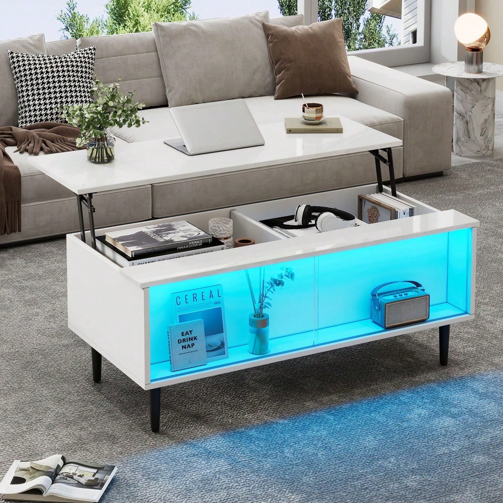 105 x 50 x 43 cm couchtisch Höhenverstellbarer Kaffeetisch mit Verstecktem Stauraum, wohnzimmertisch Mit LED-Licht,Sofatisch mit Stauraum und Ausstellungsfläche aus gehärtetem Glas, Weiß Mit 4 Beinen