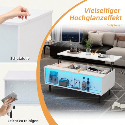 105 x 50 x 43 cm couchtisch Höhenverstellbarer Kaffeetisch mit Verstecktem Stauraum, wohnzimmertisch Mit LED-Licht,Sofatisch mit Stauraum und Ausstellungsfläche aus gehärtetem Glas, Weiß Mit 4 Beinen