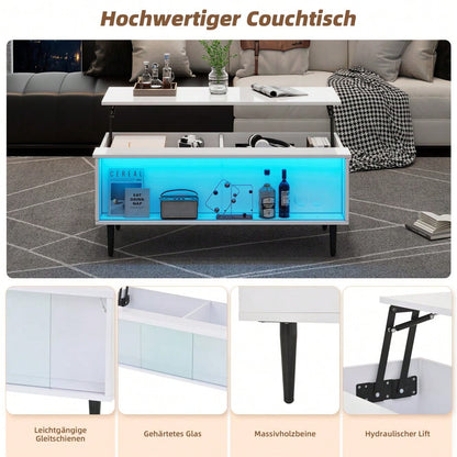105 x 50 x 43 cm couchtisch Höhenverstellbarer Kaffeetisch mit Verstecktem Stauraum, wohnzimmertisch Mit LED-Licht,Sofatisch mit Stauraum und Ausstellungsfläche aus gehärtetem Glas, Weiß Mit 4 Beinen