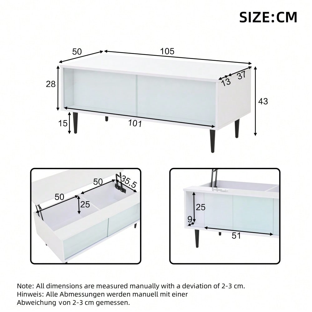 105 x 50 x 43 cm couchtisch Höhenverstellbarer Kaffeetisch mit Verstecktem Stauraum, wohnzimmertisch Mit LED-Licht,Sofatisch mit Stauraum und Ausstellungsfläche aus gehärtetem Glas, Weiß Mit 4 Beinen