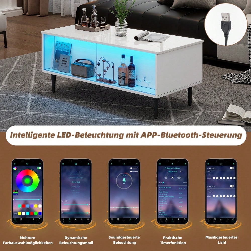 105 x 50 x 43 cm couchtisch Höhenverstellbarer Kaffeetisch mit Verstecktem Stauraum, wohnzimmertisch Mit LED-Licht,Sofatisch mit Stauraum und Ausstellungsfläche aus gehärtetem Glas, Weiß Mit 4 Beinen