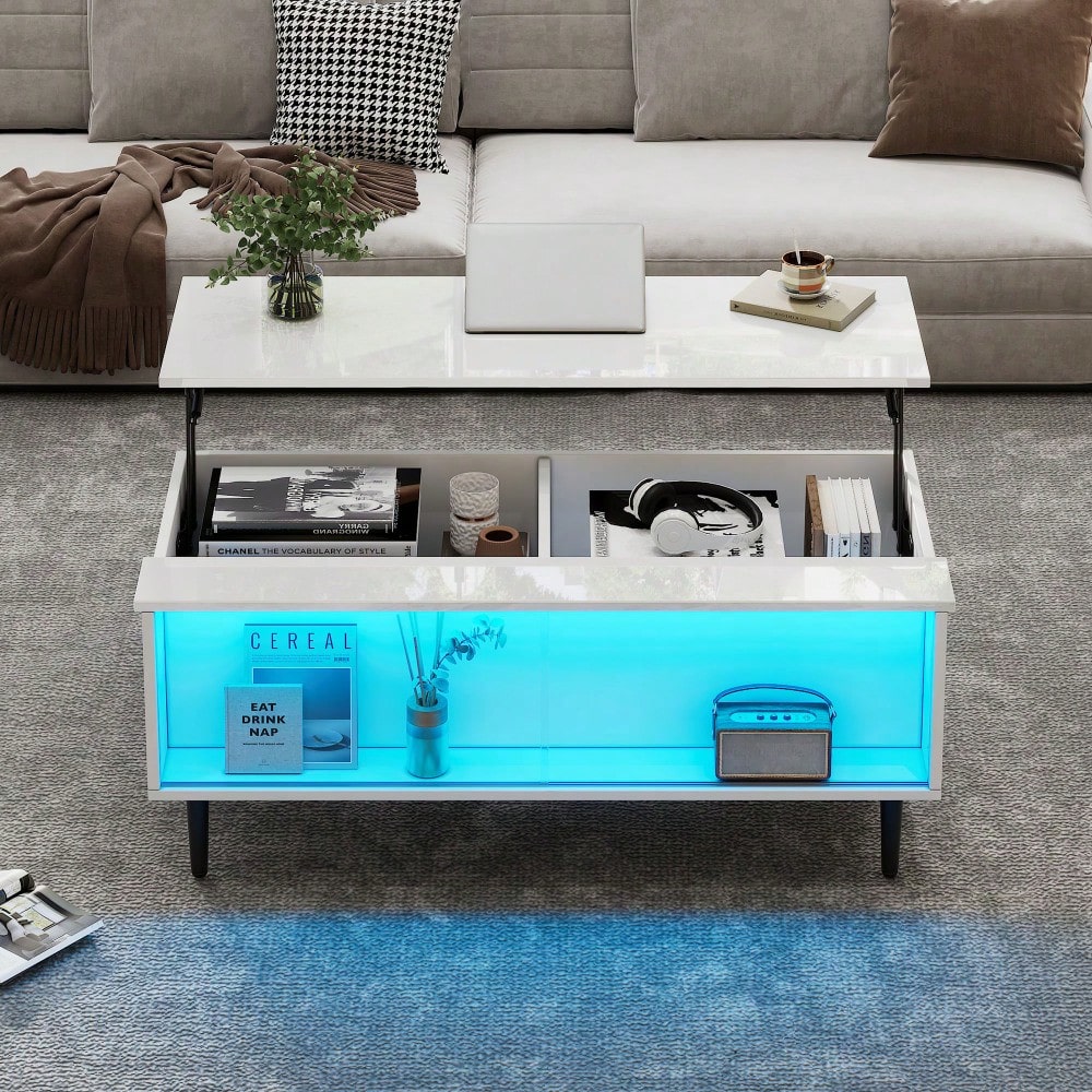 105 x 50 x 43 cm couchtisch Höhenverstellbarer Kaffeetisch mit Verstecktem Stauraum, wohnzimmertisch Mit LED-Licht,Sofatisch mit Stauraum und Ausstellungsfläche aus gehärtetem Glas, Weiß Mit 4 Beinen