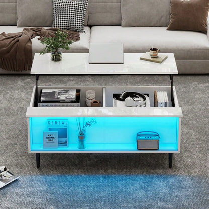 105 x 50 x 43 cm couchtisch Höhenverstellbarer Kaffeetisch mit Verstecktem Stauraum, wohnzimmertisch Mit LED-Licht,Sofatisch mit Stauraum und Ausstellungsfläche aus gehärtetem Glas, Weiß Mit 4 Beinen
