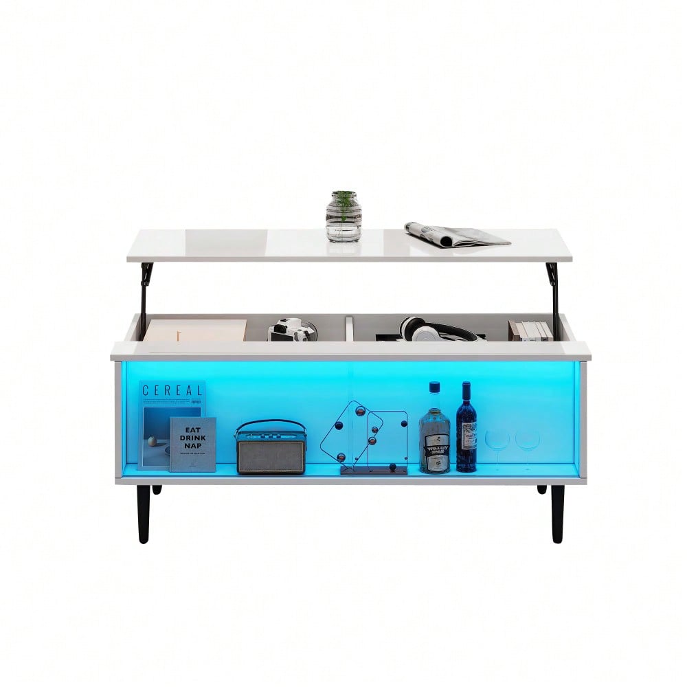 105 x 50 x 43 cm couchtisch Höhenverstellbarer Kaffeetisch mit Verstecktem Stauraum, wohnzimmertisch Mit LED-Licht,Sofatisch mit Stauraum und Ausstellungsfläche aus gehärtetem Glas, Weiß Mit 4 Beinen
