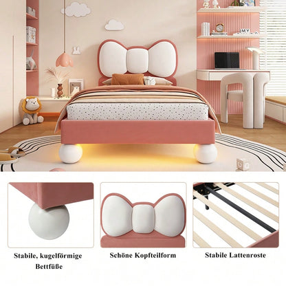 Polsterbett, Einzelbett, Kinderbett, Fliegeformiges Bettkopfteil, Farblich anpassbare LED-Lichtleiste unter dem Bett, stabiler Lattenrost, Samt, schönes Design, Beige + Rosa, 90x200cm