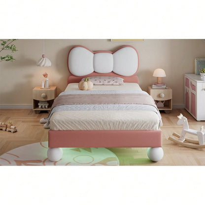 Polsterbett, Einzelbett, Kinderbett, Fliegeformiges Bettkopfteil, Farblich anpassbare LED-Lichtleiste unter dem Bett, stabiler Lattenrost, Samt, schönes Design, Beige + Rosa, 90x200cm