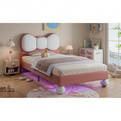 Polsterbett, Einzelbett, Kinderbett, Fliegeformiges Bettkopfteil, Farblich anpassbare LED-Lichtleiste unter dem Bett, stabiler Lattenrost, Samt, schönes Design, Beige + Rosa, 90x200cm