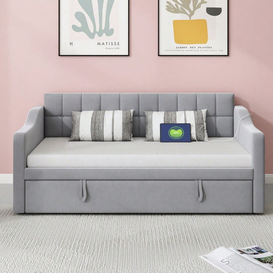 Polsterbett Schlafsofa 2 in 1 Multifunktionsschlafsofa 90*180*190, Hellgrau  Samtstoff Polsterbett mit Steckdose und Aufbewahrungstasche