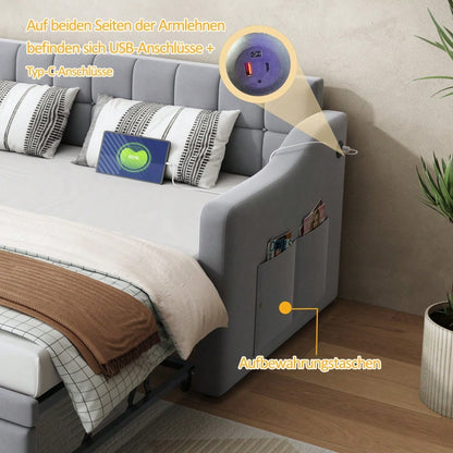 Polsterbett Schlafsofa 2 in 1 Multifunktionsschlafsofa 90*180*190, Hellgrau  Samtstoff Polsterbett mit Steckdose und Aufbewahrungstasche