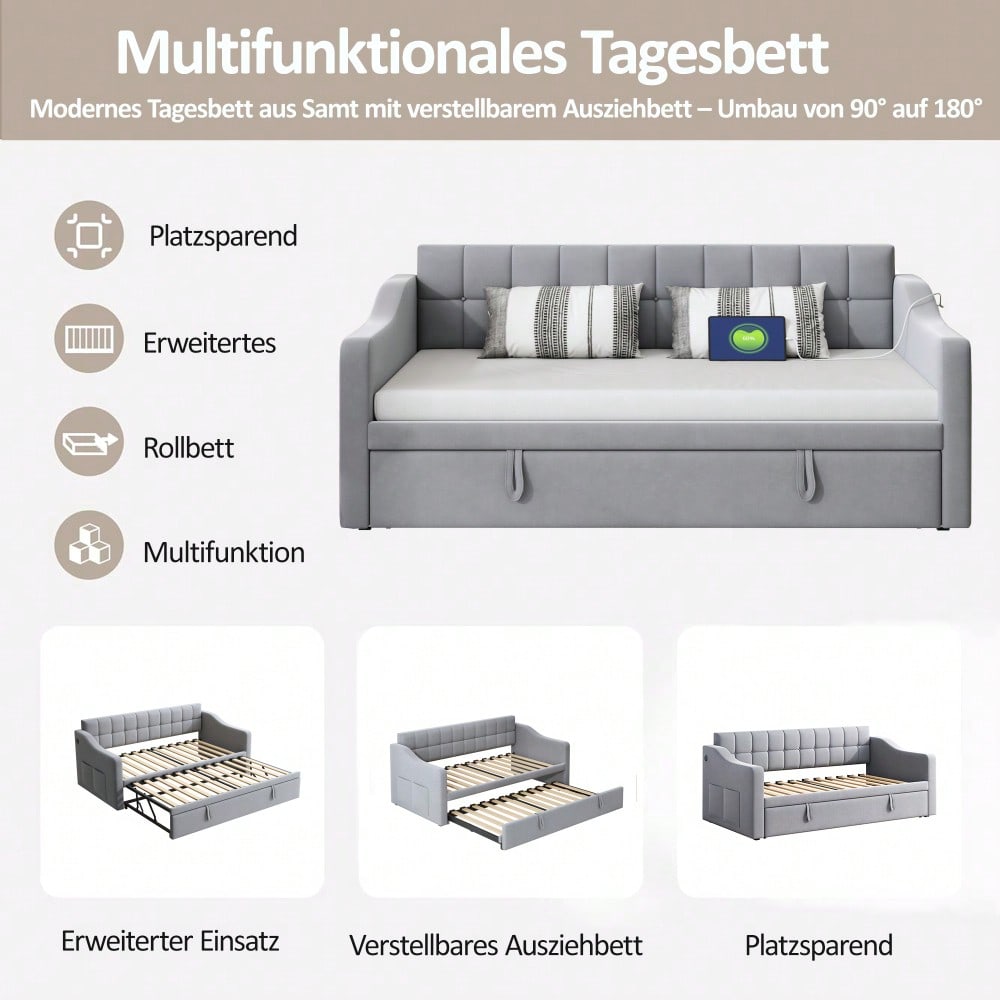 Polsterbett Schlafsofa 2 in 1 Multifunktionsschlafsofa 90*180*190, Hellgrau  Samtstoff Polsterbett mit Steckdose und Aufbewahrungstasche