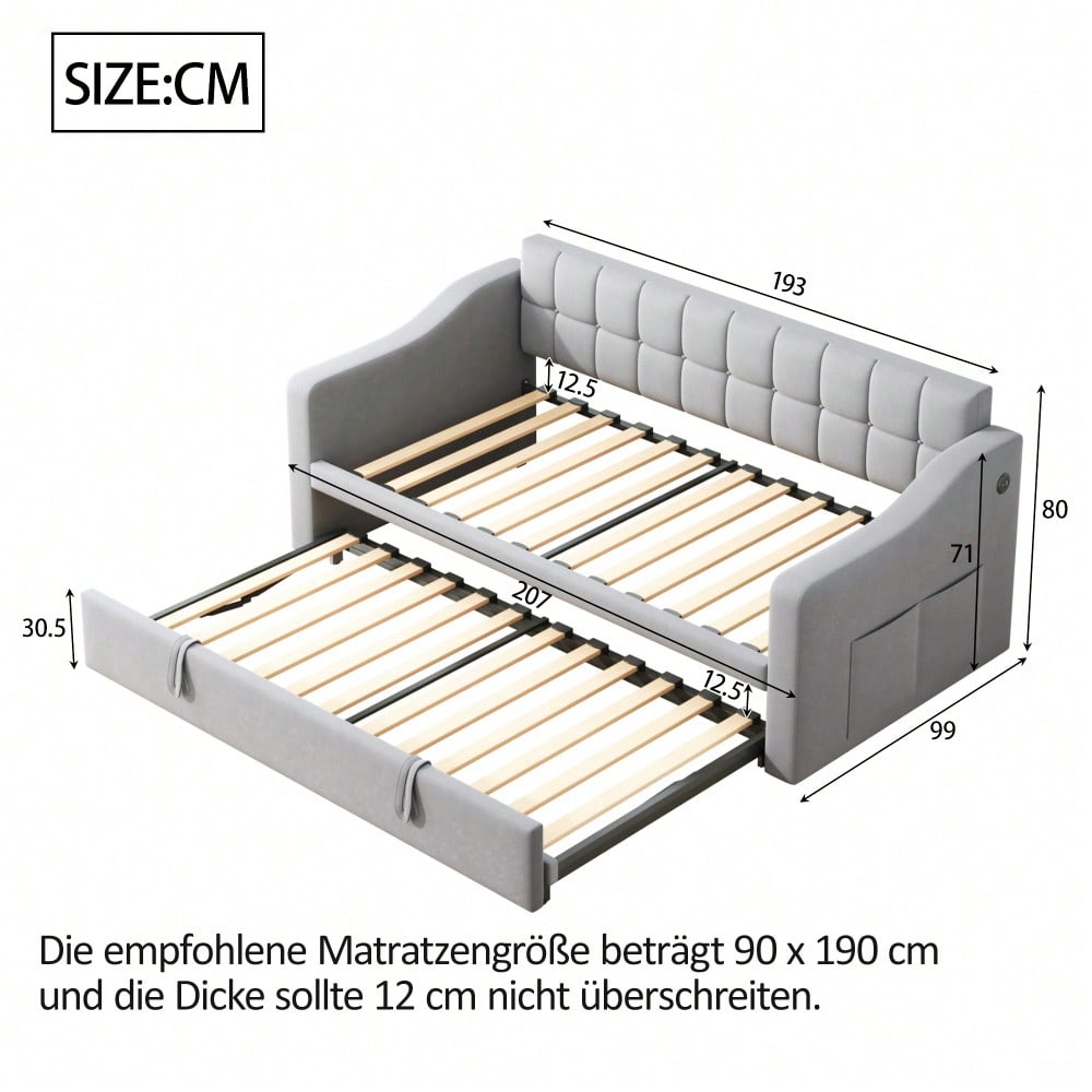 Polsterbett Schlafsofa 2 in 1 Multifunktionsschlafsofa 90*180*190, Hellgrau  Samtstoff Polsterbett mit Steckdose und Aufbewahrungstasche