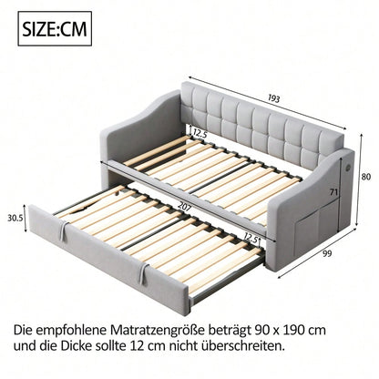 Polsterbett Schlafsofa 2 in 1 Multifunktionsschlafsofa 90*180*190, Hellgrau  Samtstoff Polsterbett mit Steckdose und Aufbewahrungstasche