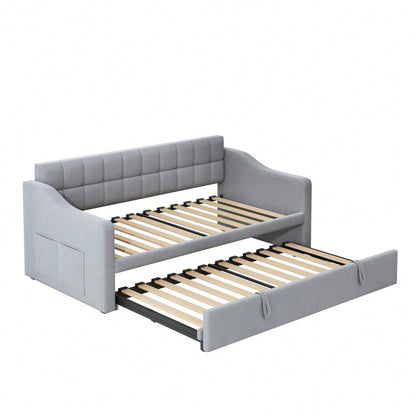 Polsterbett Schlafsofa 2 in 1 Multifunktionsschlafsofa 90*180*190, Hellgrau  Samtstoff Polsterbett mit Steckdose und Aufbewahrungstasche
