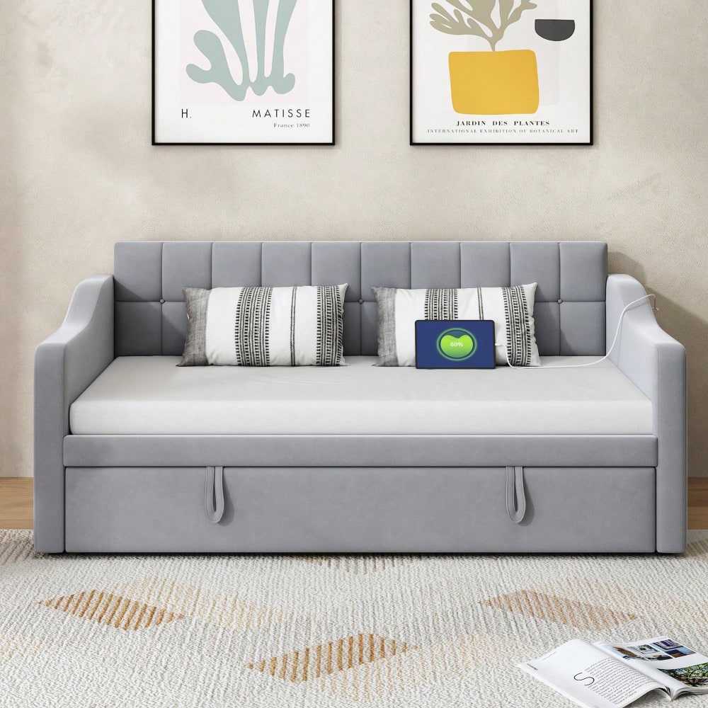 Polsterbett Schlafsofa 2 in 1 Multifunktionsschlafsofa 90*180*190, Hellgrau  Samtstoff Polsterbett mit Steckdose und Aufbewahrungstasche