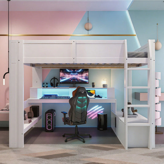 Hochbett,140*200cm , Gaming Bett mit Schreibtisch, Mit LED-Leuchten, Schreibtisch,Schublade, Regale, ohne Matratze, Weiß