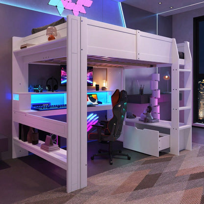 Hochbett,140*200cm , Gaming Bett mit Schreibtisch, Mit LED-Leuchten, Schreibtisch,Schublade, Regale, ohne Matratze, Weiß
