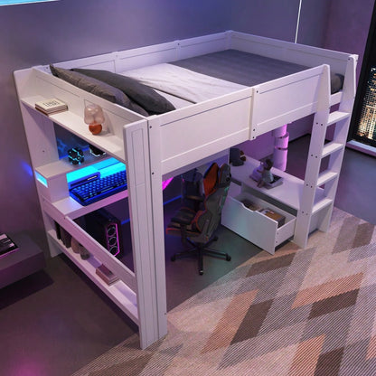 Hochbett,140*200cm , Gaming Bett mit Schreibtisch, Mit LED-Leuchten, Schreibtisch,Schublade, Regale, ohne Matratze, Weiß