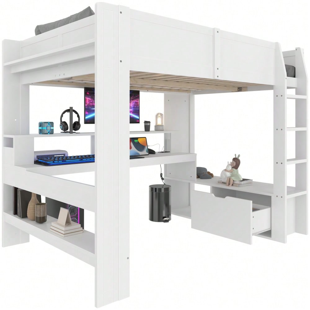 Hochbett,140*200cm , Gaming Bett mit Schreibtisch, Mit LED-Leuchten, Schreibtisch,Schublade, Regale, ohne Matratze, Weiß