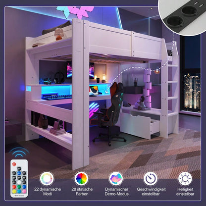 Hochbett,140*200cm , Gaming Bett mit Schreibtisch, Mit LED-Leuchten, Schreibtisch,Schublade, Regale, ohne Matratze, Weiß