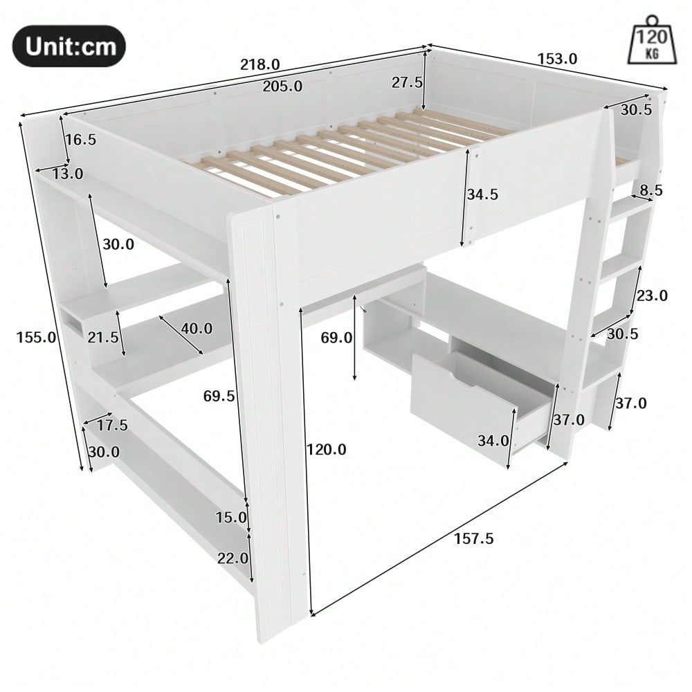 Hochbett,140*200cm , Gaming Bett mit Schreibtisch, Mit LED-Leuchten, Schreibtisch,Schublade, Regale, ohne Matratze, Weiß