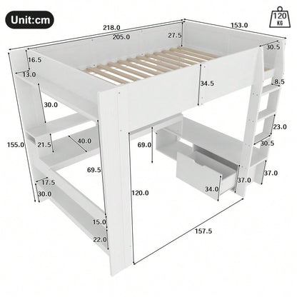 Hochbett,140*200cm , Gaming Bett mit Schreibtisch, Mit LED-Leuchten, Schreibtisch,Schublade, Regale, ohne Matratze, Weiß