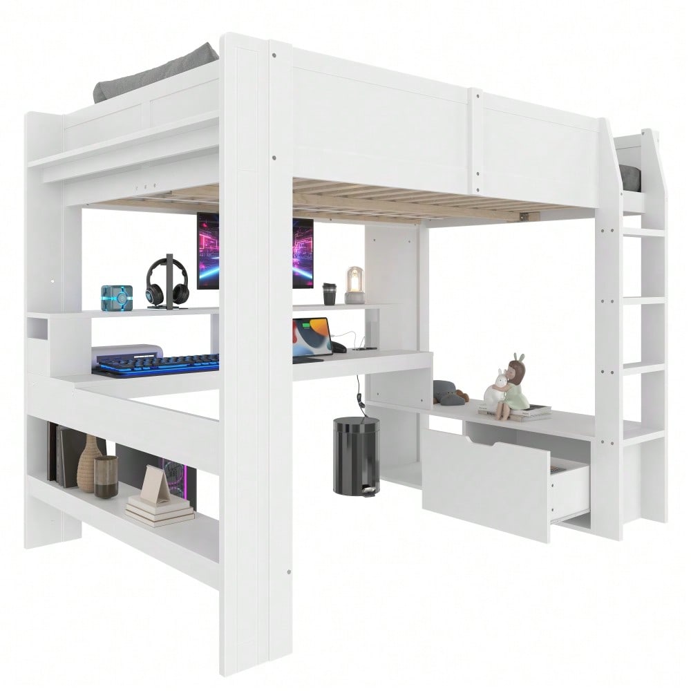 Hochbett,140*200cm , Gaming Bett mit Schreibtisch, Mit LED-Leuchten, Schreibtisch,Schublade, Regale, ohne Matratze, Weiß