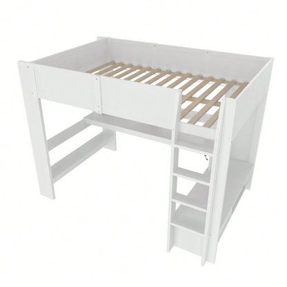 Hochbett,140*200cm , Gaming Bett mit Schreibtisch, Mit LED-Leuchten, Schreibtisch,Schublade, Regale, ohne Matratze, Weiß