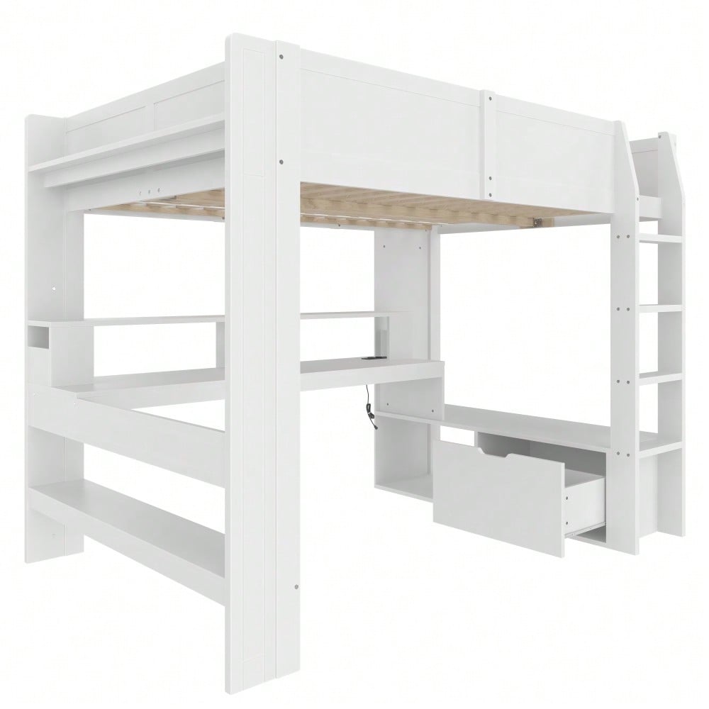 Hochbett,140*200cm , Gaming Bett mit Schreibtisch, Mit LED-Leuchten, Schreibtisch,Schublade, Regale, ohne Matratze, Weiß