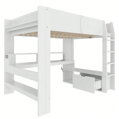 Hochbett,140*200cm , Gaming Bett mit Schreibtisch, Mit LED-Leuchten, Schreibtisch,Schublade, Regale, ohne Matratze, Weiß