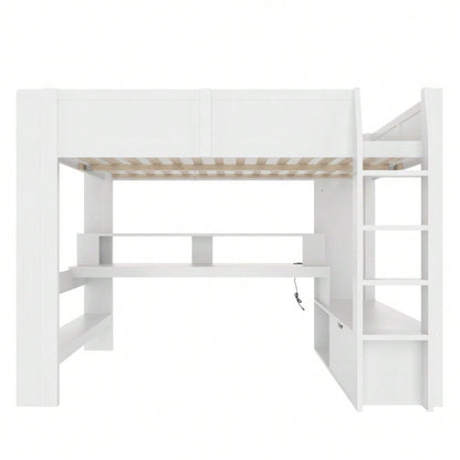 Hochbett,140*200cm , Gaming Bett mit Schreibtisch, Mit LED-Leuchten, Schreibtisch,Schublade, Regale, ohne Matratze, Weiß