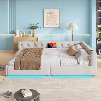 (=WX001034AAA)Schlafsofa, Daybett, Tagesbett, 140x200cm, Schlafsofa mit Lattenrost (ohne Matratze), Ambientebeleuchtung mit Fernbedienung, Kopfteil mit Knopftuft, Usb+Typ-c, Leinen, Beige