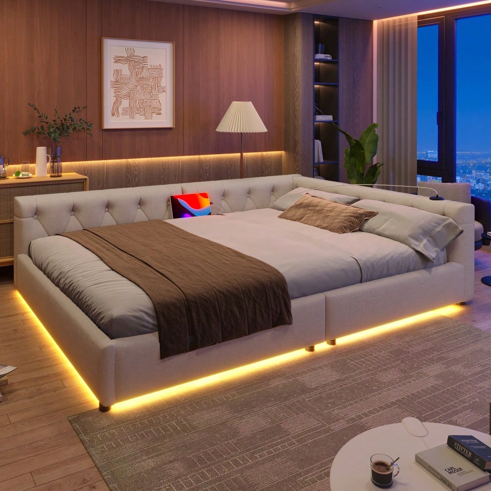 (=WX001034AAA)Schlafsofa, Daybett, Tagesbett, 140x200cm, Schlafsofa mit Lattenrost (ohne Matratze), Ambientebeleuchtung mit Fernbedienung, Kopfteil mit Knopftuft, Usb+Typ-c, Leinen, Beige