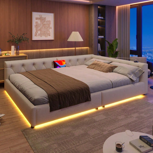 (=WX001034AAA)Schlafsofa, Daybett, Tagesbett, 140x200cm, Schlafsofa mit Lattenrost (ohne Matratze), Ambientebeleuchtung mit Fernbedienung, Kopfteil mit Knopftuft, Usb+Typ-c, Leinen, Beige