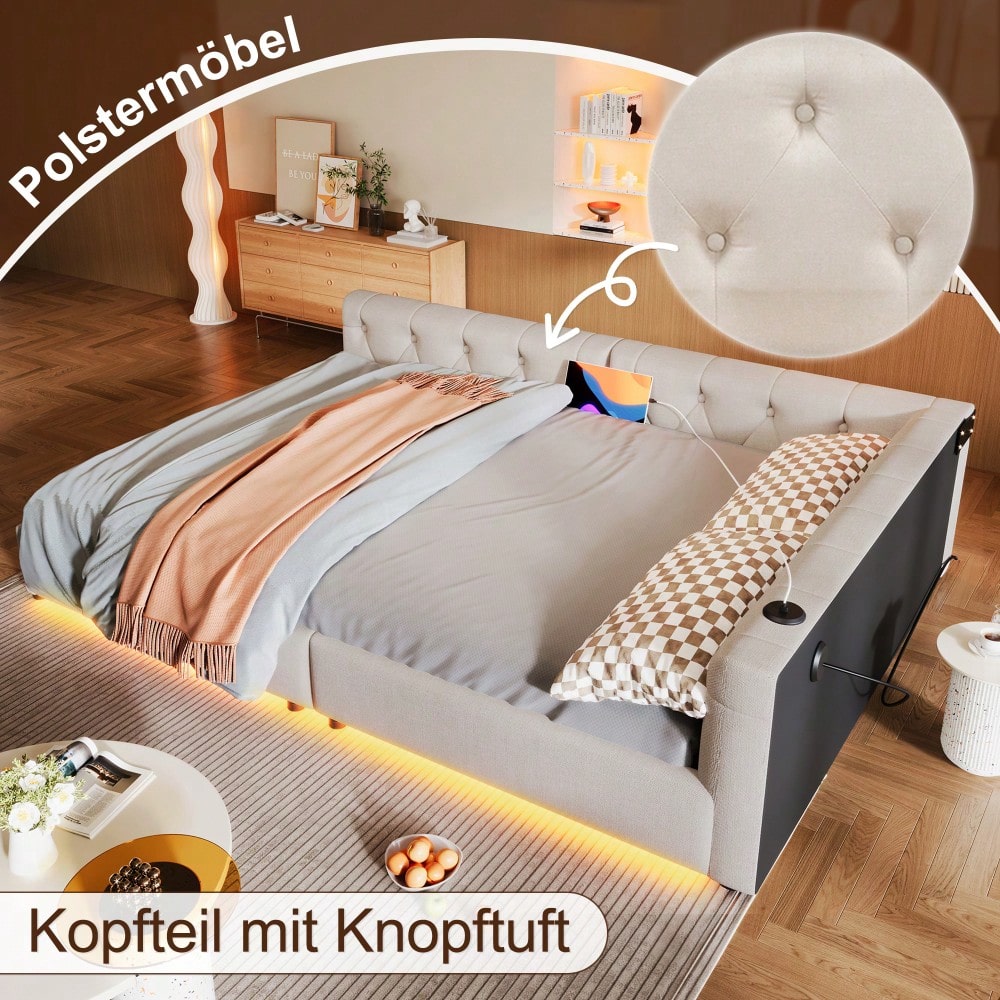 (=WX001034AAA)Schlafsofa, Daybett, Tagesbett, 140x200cm, Schlafsofa mit Lattenrost (ohne Matratze), Ambientebeleuchtung mit Fernbedienung, Kopfteil mit Knopftuft, Usb+Typ-c, Leinen, Beige