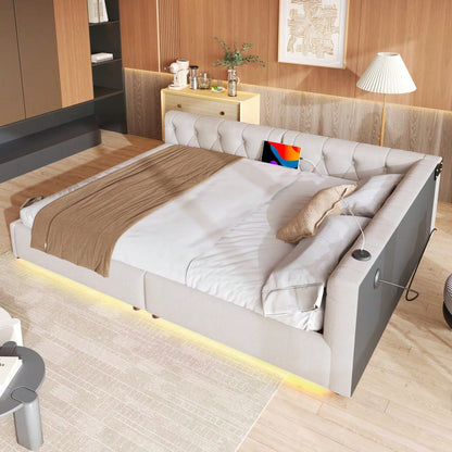 (=WX001034AAA)Schlafsofa, Daybett, Tagesbett, 140x200cm, Schlafsofa mit Lattenrost (ohne Matratze), Ambientebeleuchtung mit Fernbedienung, Kopfteil mit Knopftuft, Usb+Typ-c, Leinen, Beige